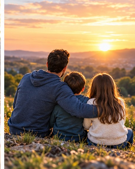 Padre abrazando a sus hijos mirando el atardecer