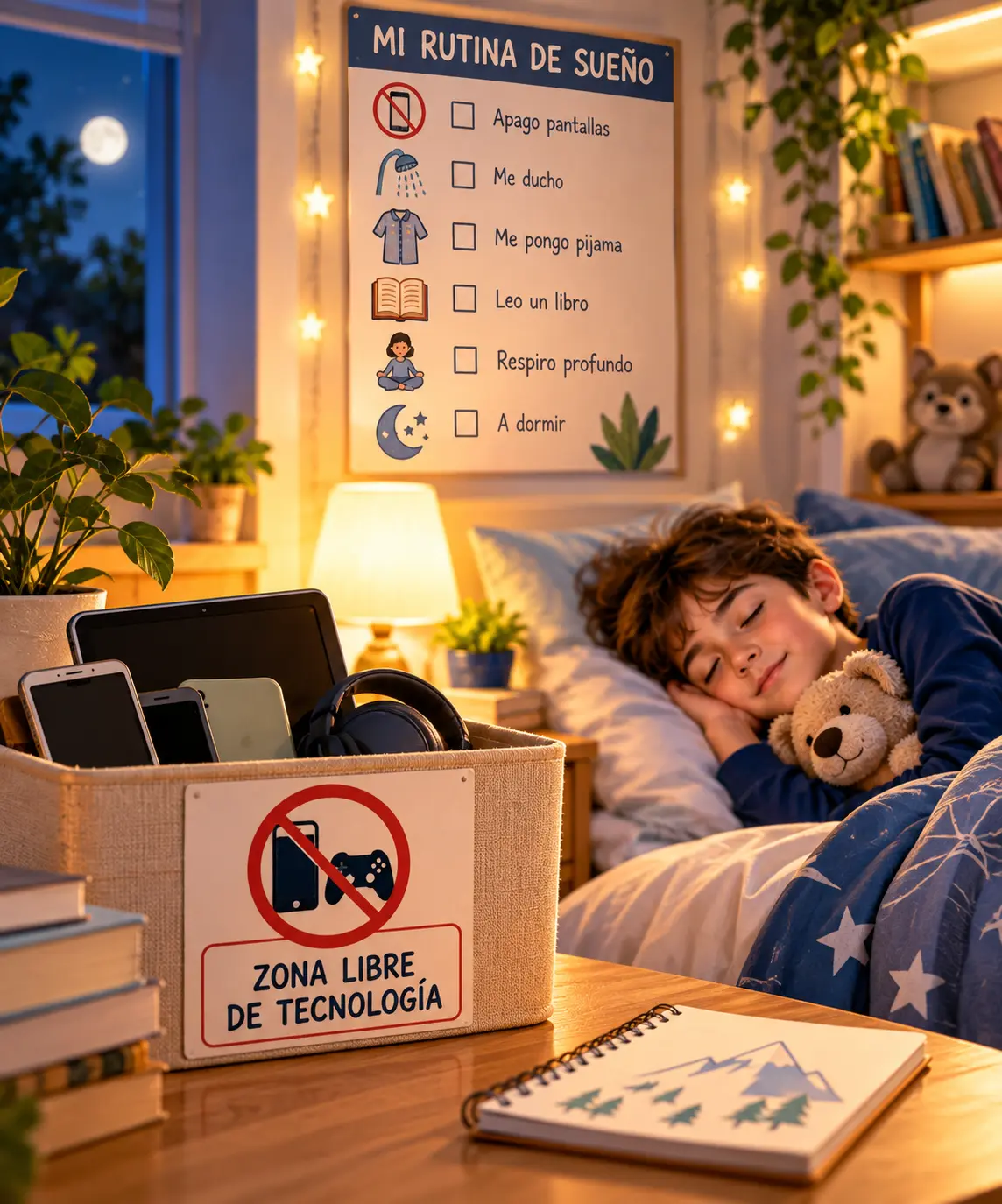 Niño durmiendo junto a su rutina de sueño y la caja zona libre de tecnología