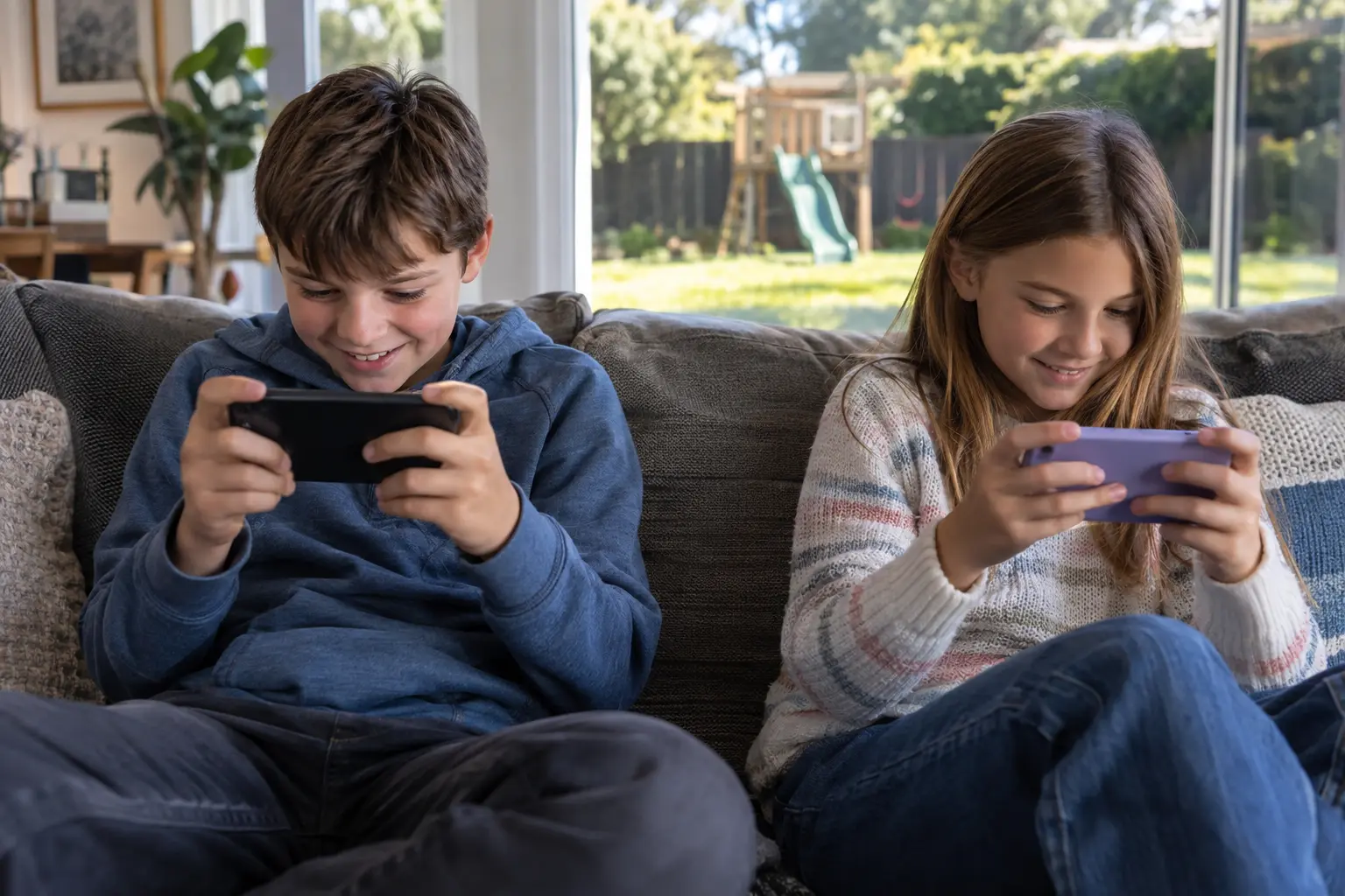 Dos hermanos en el sofá cada uno con su celular, de espaldas al patio