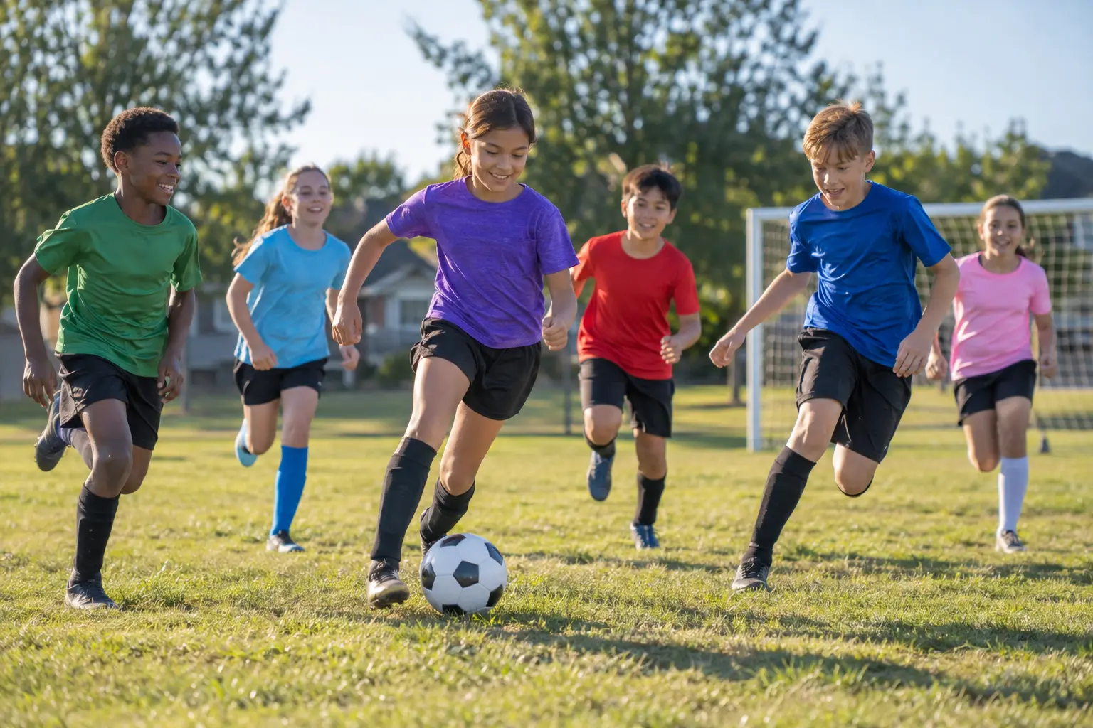 Niños corriendo tras una pelota de fútbol al aire libre