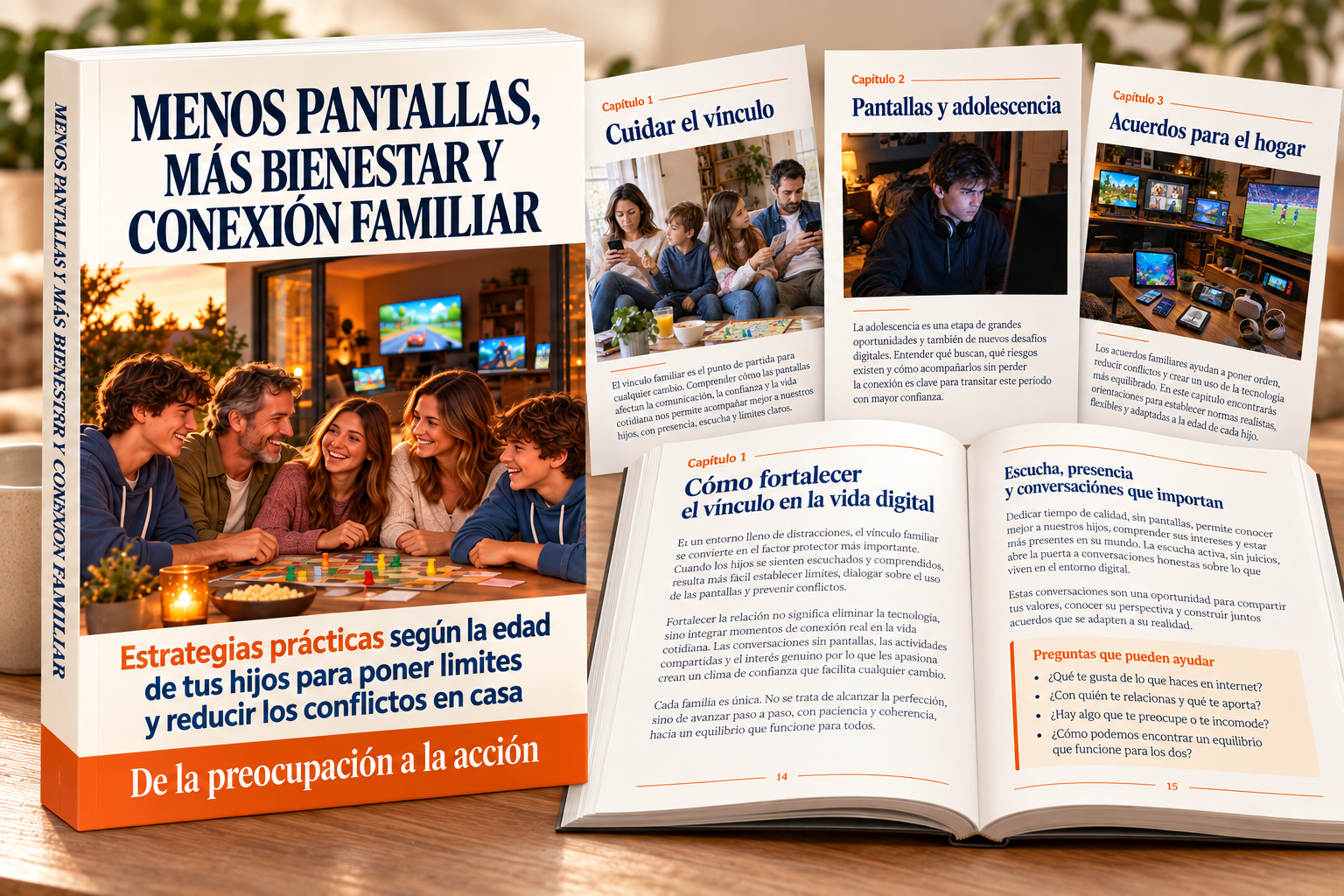 Ebook abierto mostrando el capítulo 1, cómo fortalecer el vínculo, con las preguntas para conversar con tus hijos, junto a la portada y las fichas de los capítulos 1, 2 y 3
