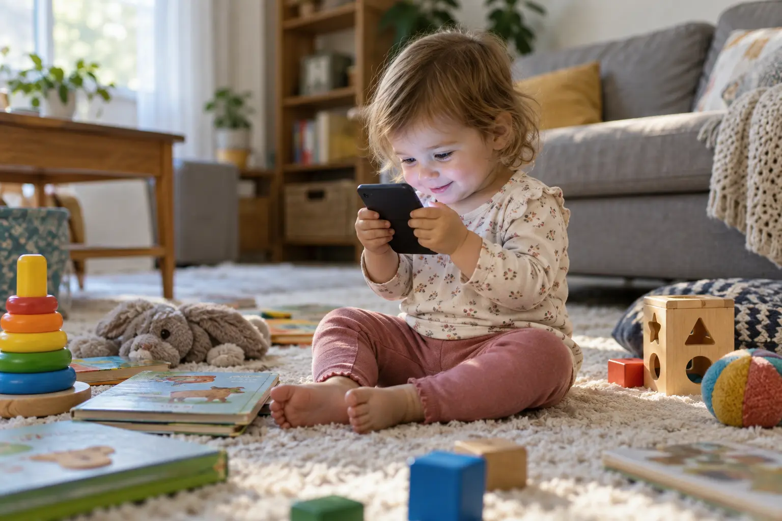 Niña pequeña mirando un celular entre sus juguetes