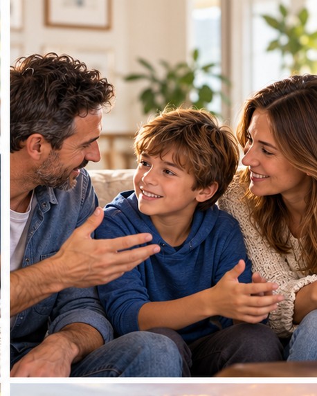 Padres conversando con su hijo adolescente en el sofá