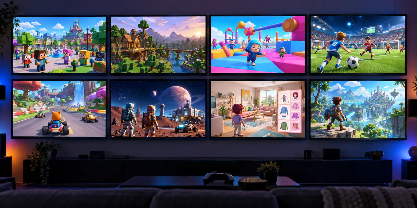 Pared llena de pantallas con juegos y videos para niños