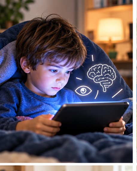 Niño mirando una tablet en la oscuridad