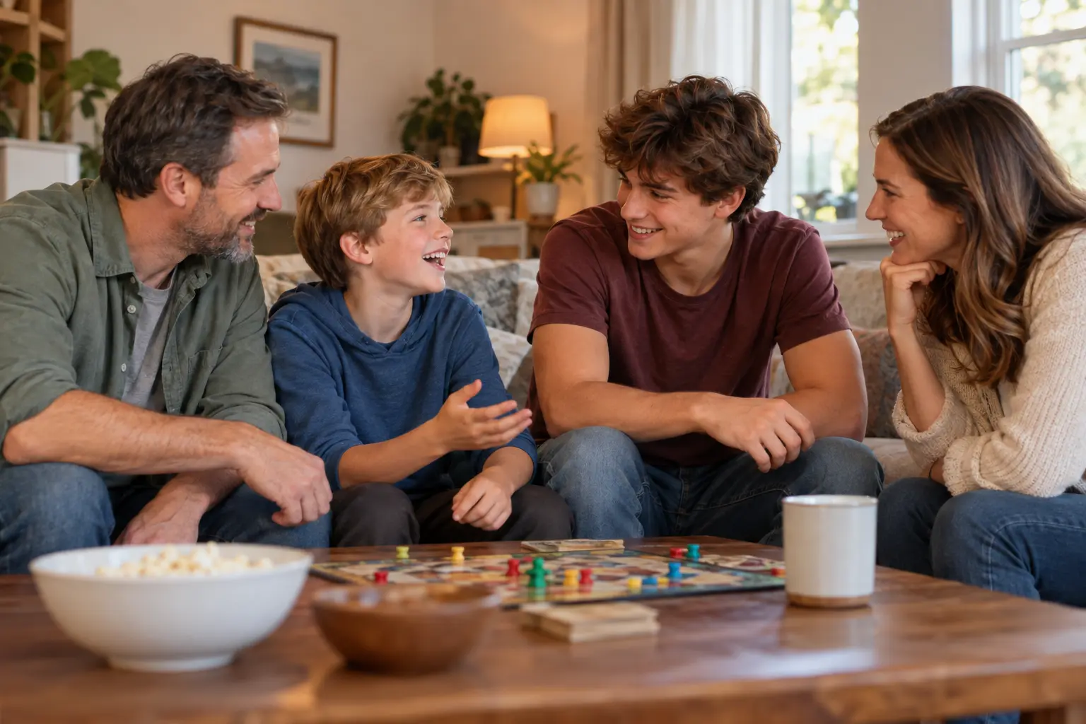 Familia riendo y jugando un juego de mesa en el living