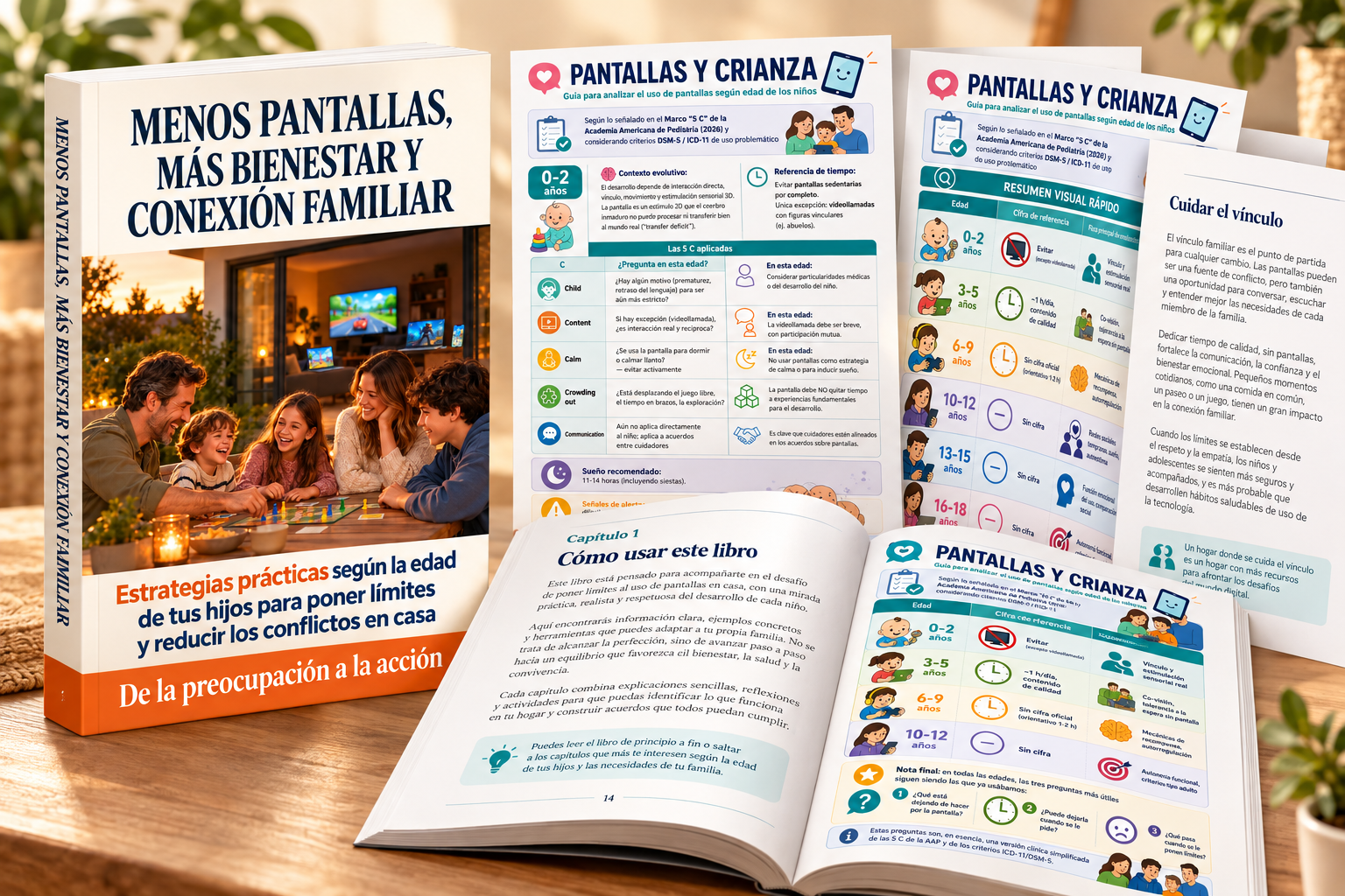 Ebook abierto mostrando la guía para analizar el uso de pantallas según la edad, junto a las láminas de resumen rápido y las 5C aplicadas